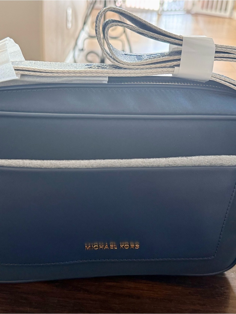 Michael Kors Blue Leather Messenger Bag with Gold Logo